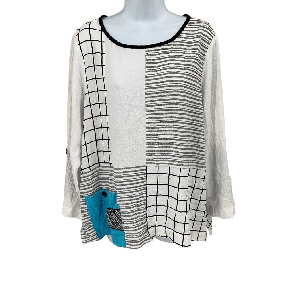 Ali Miles Mixed Print Top Womens PL White Black Turquoise Crinkle Art To Wear